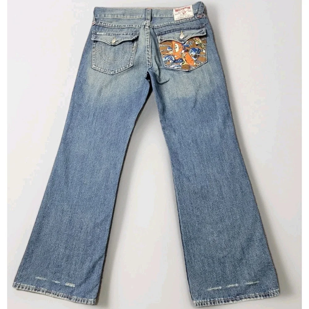 True Religion Billy Jeans Men's 40x33 Bootcut Blue‎ Denim Koi Embroidery USA